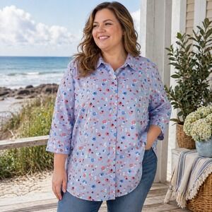 LL Bean Womens Button Down Top Plus Size 3X Blue Floral Print Lightweight Cotton